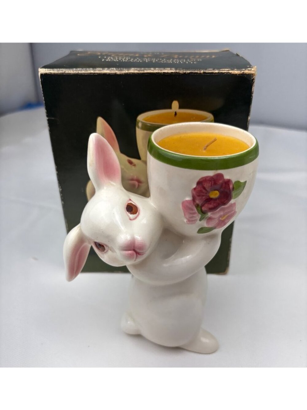 Avon Sunny Bunny Ceramic Candle Holder Floral Medley Candlelette Box 1981 - Picture 12 of 14